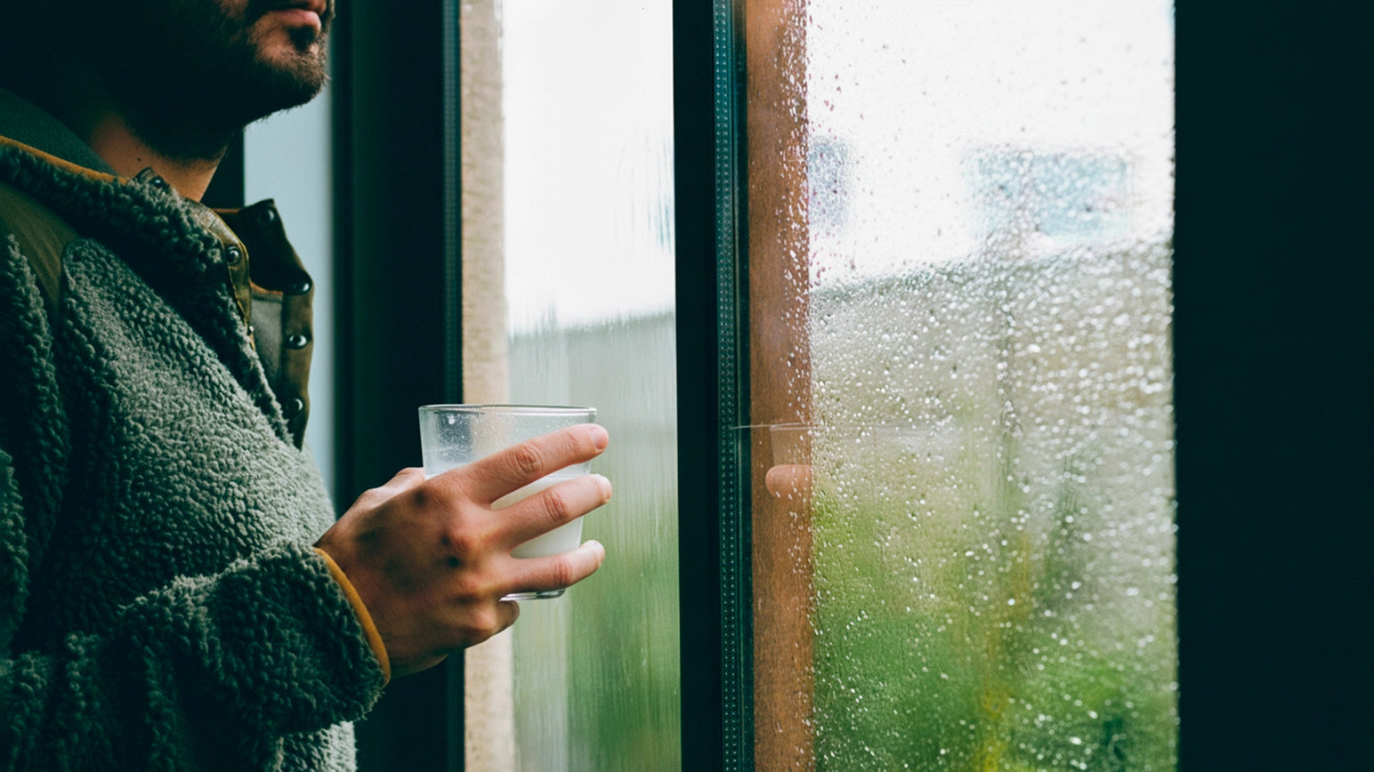 Un hombre mirando por la ventana como llueve mientras se toma analgésico